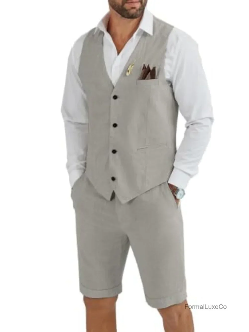 Men's Linen 2 Piece Short Suit Slim Fit Vest & Short Set Wedding Summer Groom